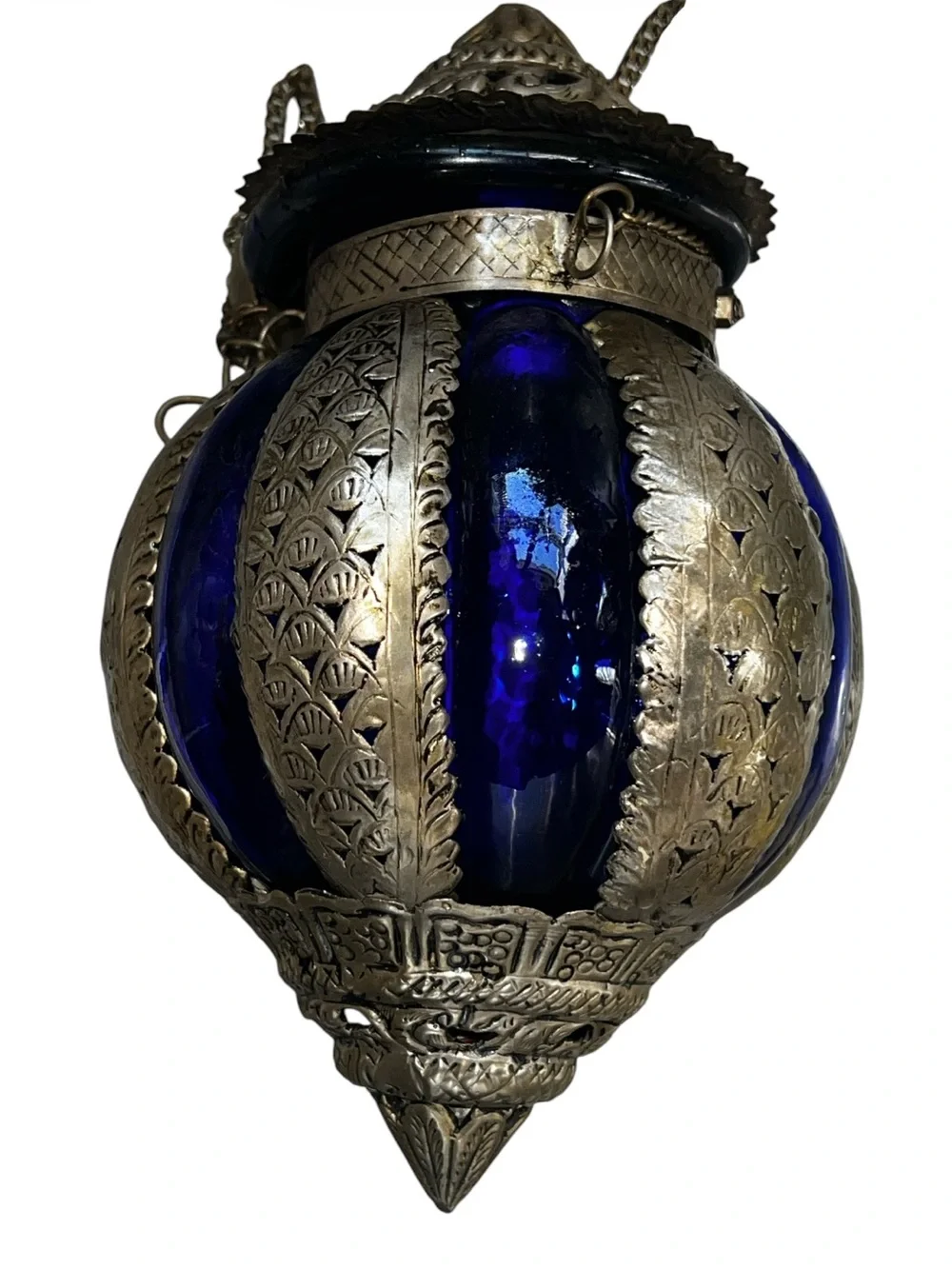 Moroccan-Style Hanging Lantern - Cobalt Blue and Brass